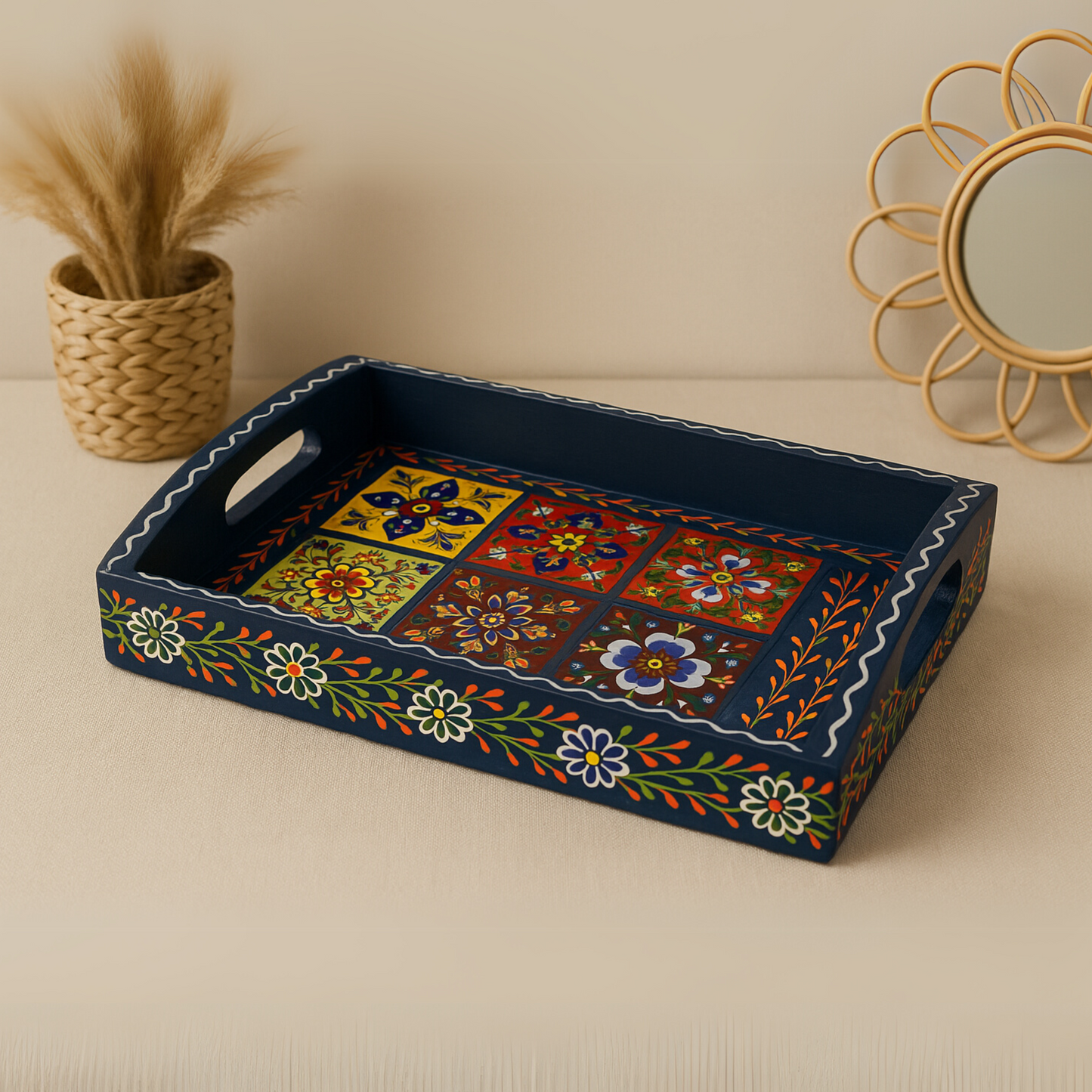 Hand-Painted Wooden Tile Tray - Moroccan Floral Elegance