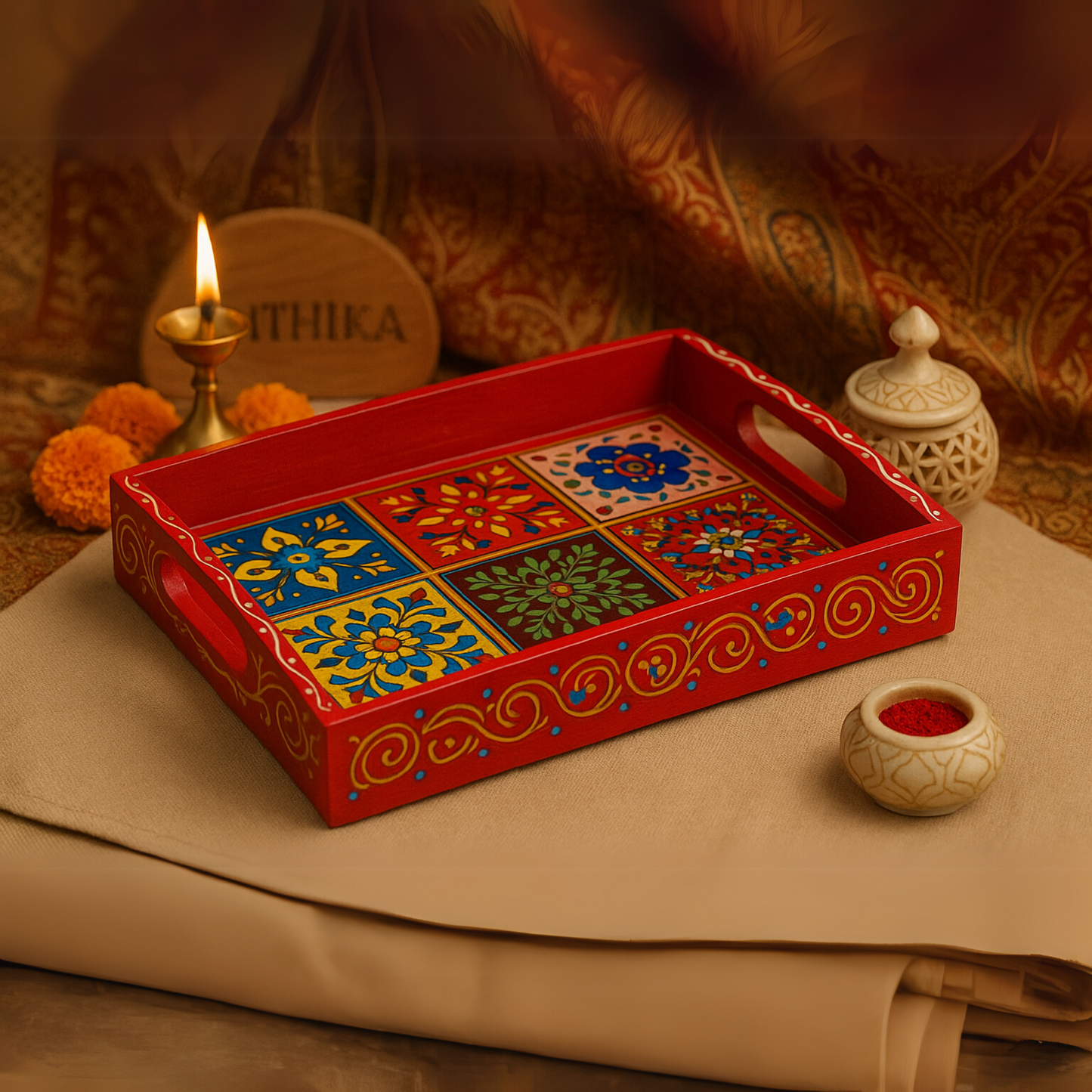 Hand-Painted Wooden Tile Tray - Moroccan Floral Elegance