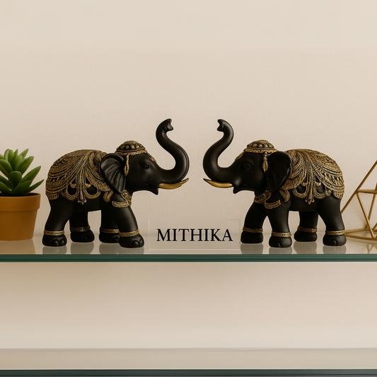 Regal Elephant Duo – Black & Gold Handcrafted Showpiece Set