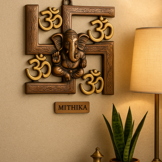 Swastik Ganesh Wall Décor – Royal Brass Elegance with Om Accents