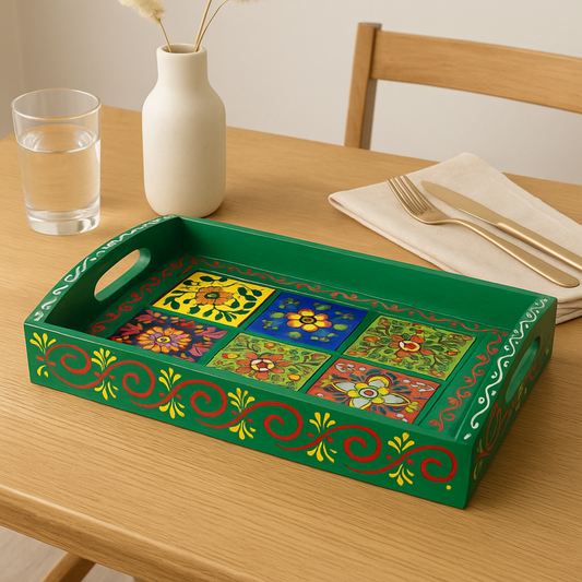 Hand-Painted Wooden Tile Tray - Moroccan Floral Elegance