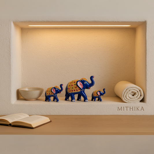 Royal Blue Elephant Trio – Hand-Painted Rajasthani Décor Set