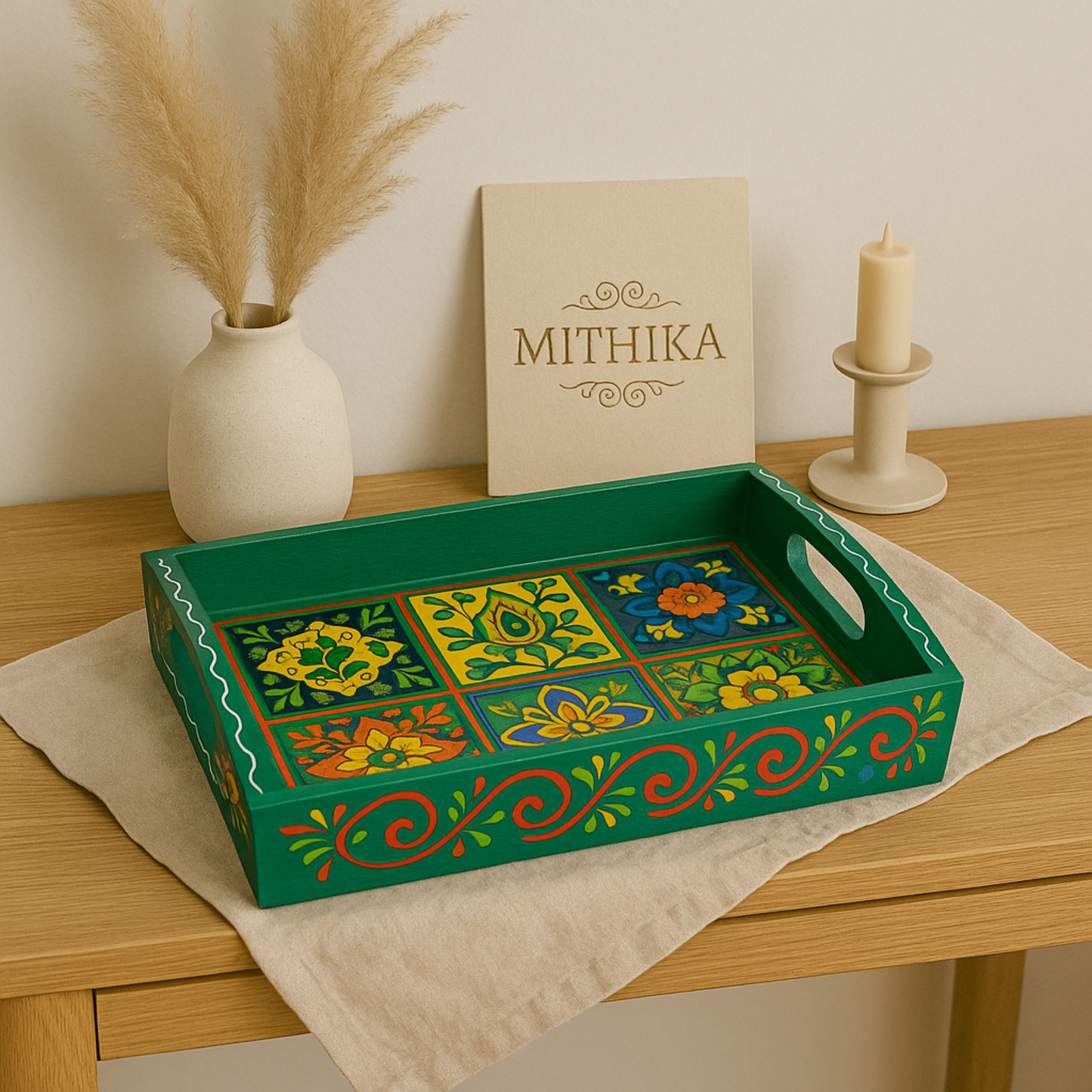 Hand-Painted Wooden Tile Tray - Moroccan Floral Elegance