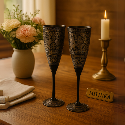 Antique Engraved Goblet Set – Pair of Royal Etched Metal Chalices