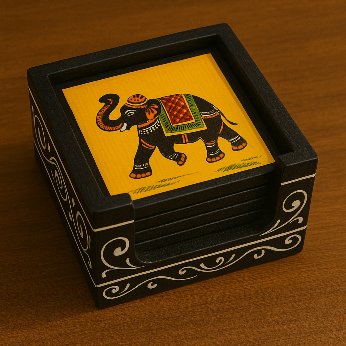 Royal Elephant Coaster Set (6 Pieces) with Wooden Holder