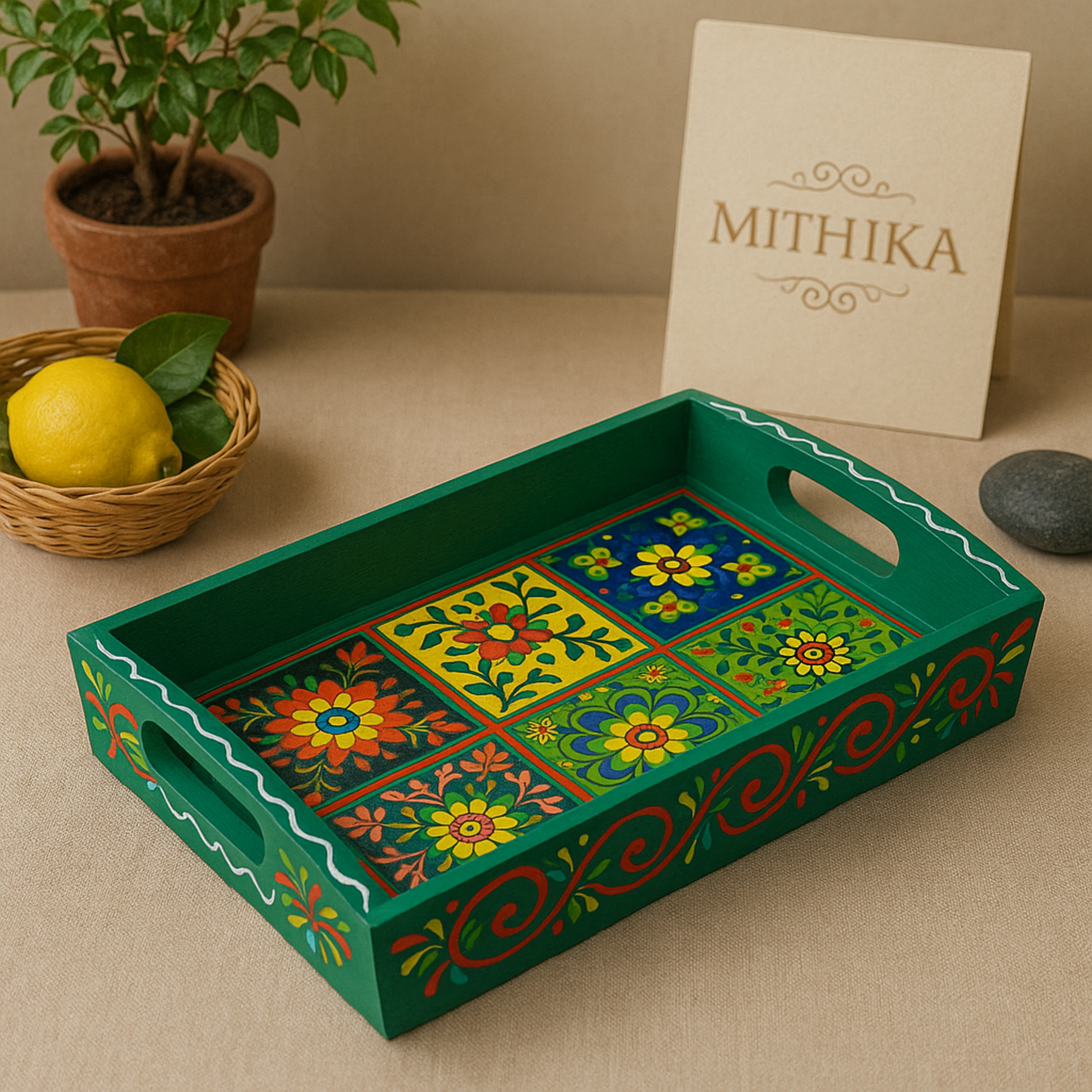 Hand-Painted Wooden Tile Tray - Moroccan Floral Elegance