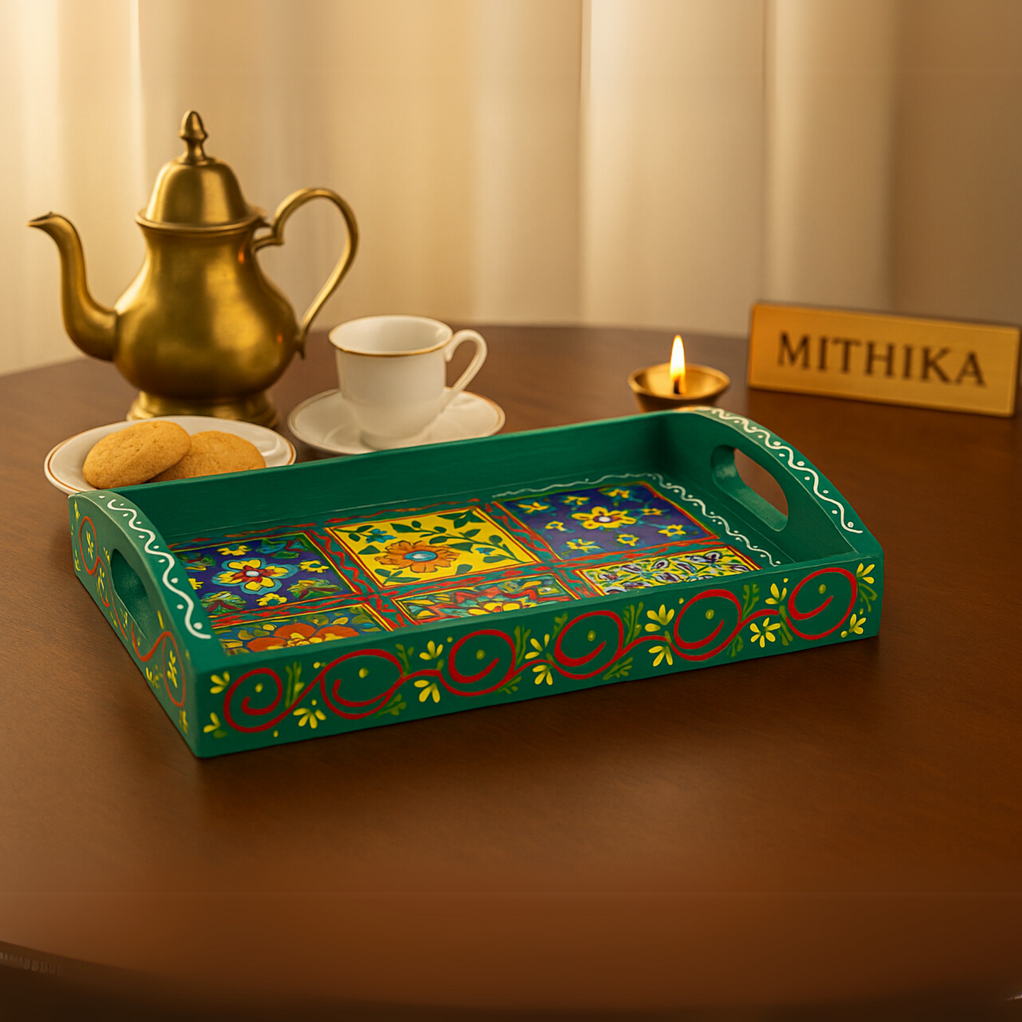 Hand-Painted Wooden Tile Tray - Moroccan Floral Elegance