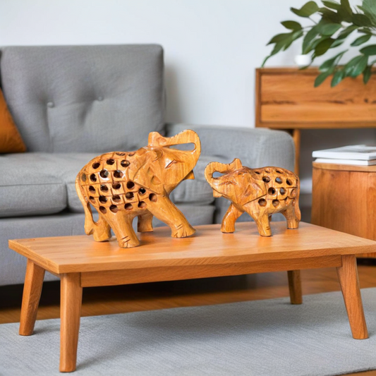 Handcrafted Wooden Elephant Family – Intricate Jali Work Décor