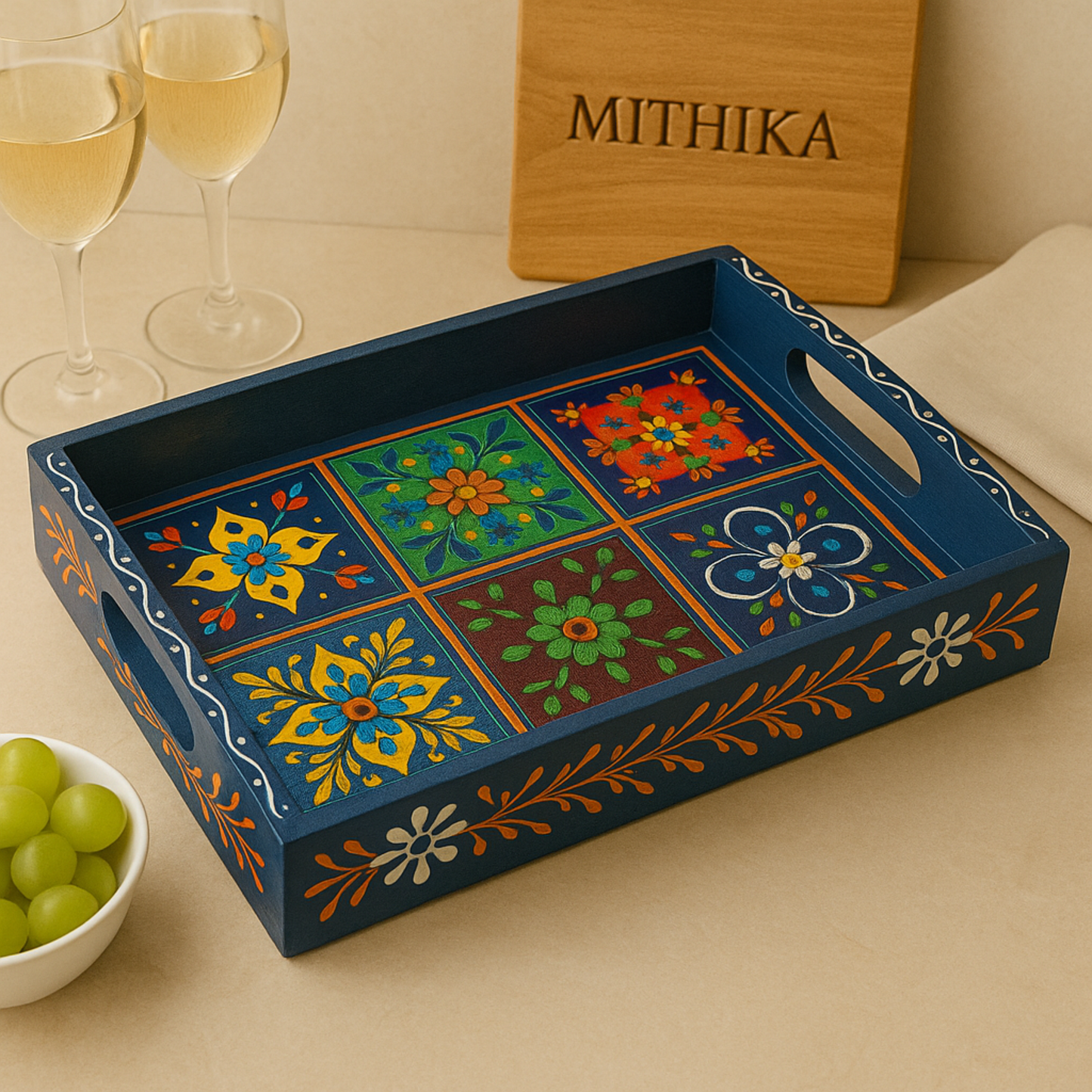 Hand-Painted Wooden Tile Tray - Moroccan Floral Elegance
