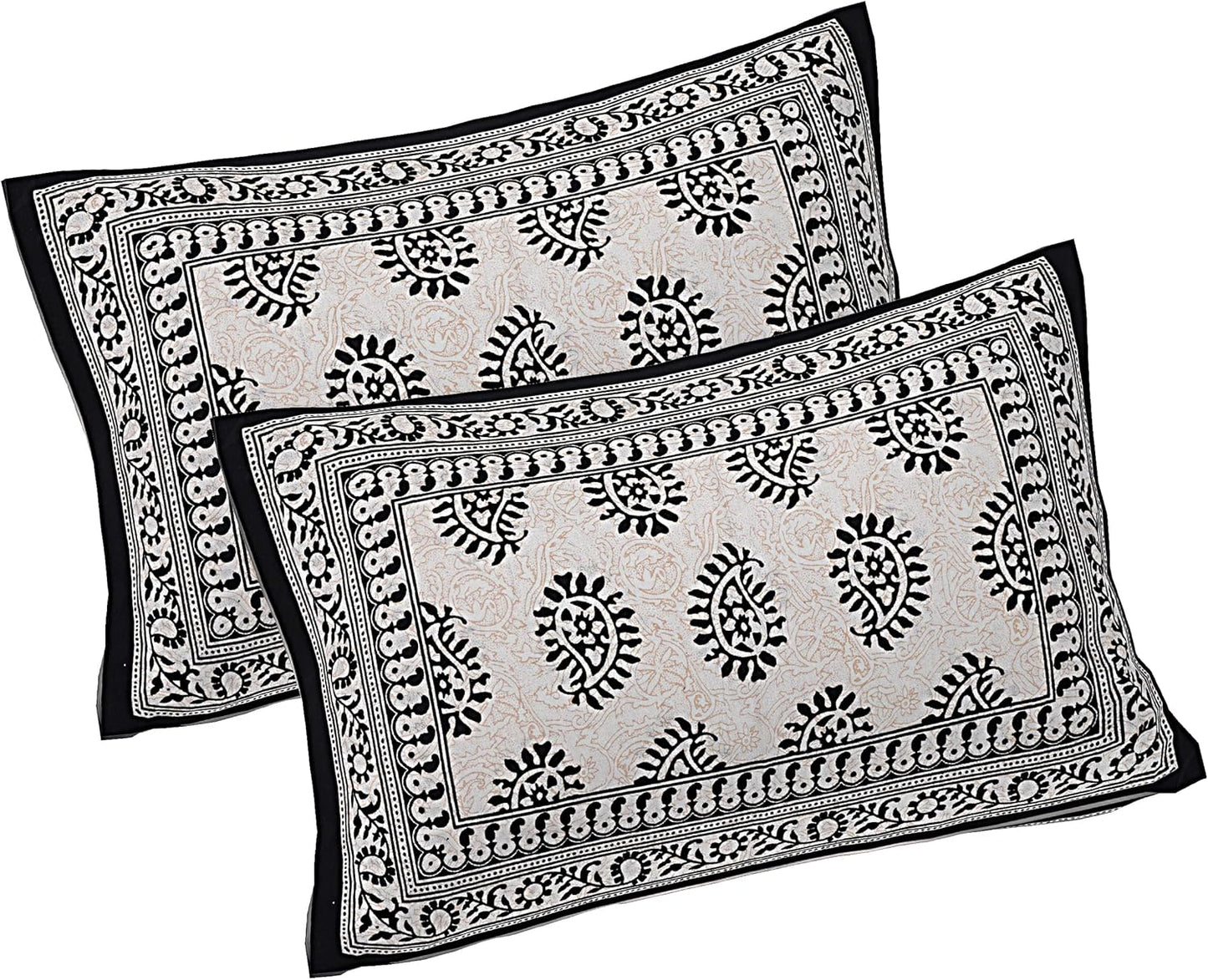 Handblock Printed Cotton Bedsheet Set – Floral Vine Pattern in Olive Green & Peach (with Pillow Covers
