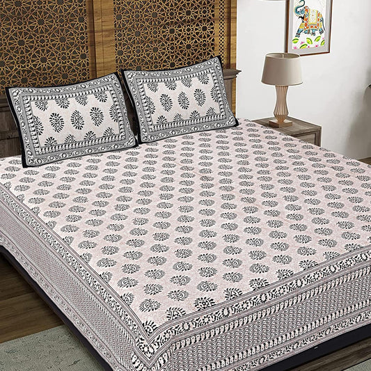 Handblock Printed Cotton Bedsheet Set – Floral Vine Pattern in Olive Green & Peach (with Pillow Covers