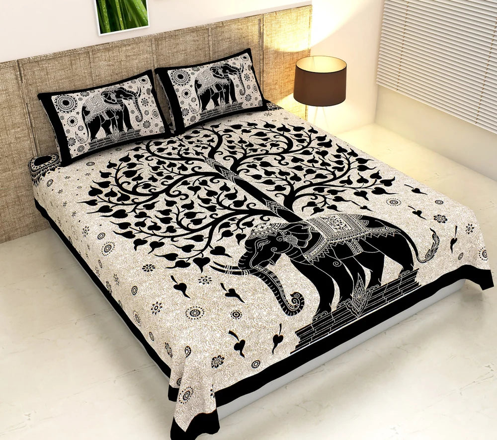 Traditional Tree of Life Bedsheet Set | Majestic Elephant Print | 100% Cotton