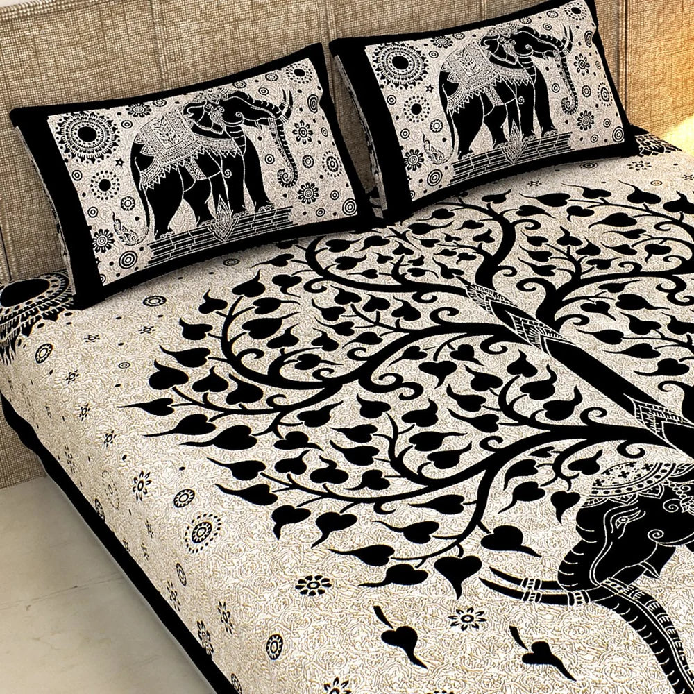 Traditional Tree of Life Bedsheet Set | Majestic Elephant Print | 100% Cotton
