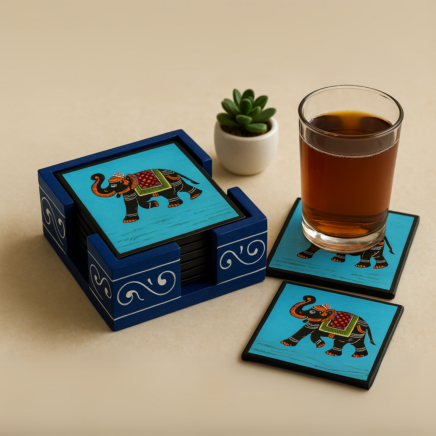 Royal Elephant Coaster Set (6 Pieces) with Wooden Holder