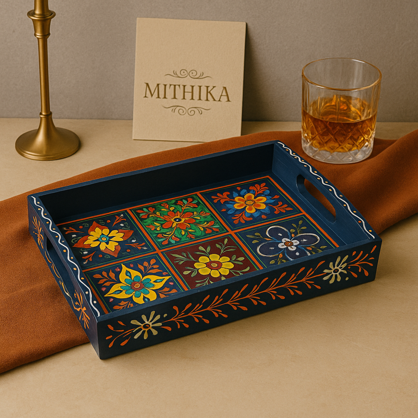 Hand-Painted Wooden Tile Tray - Moroccan Floral Elegance