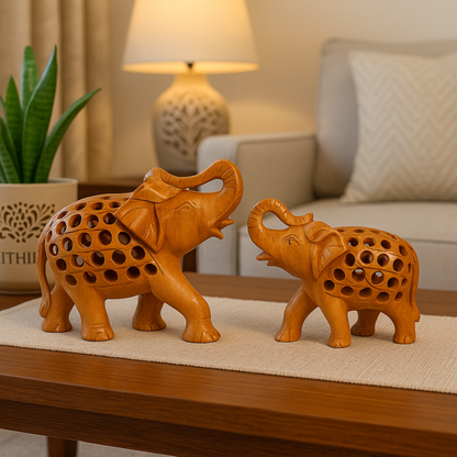 Handcrafted Wooden Elephant Family – Intricate Jali Work Décor