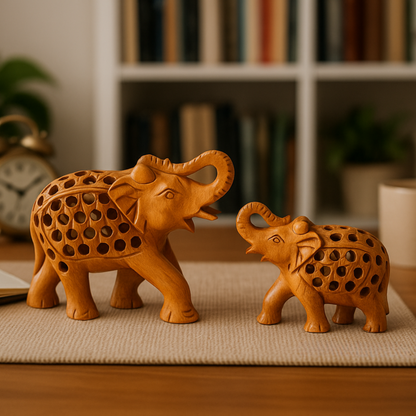 Handcrafted Wooden Elephant Family – Intricate Jali Work Décor