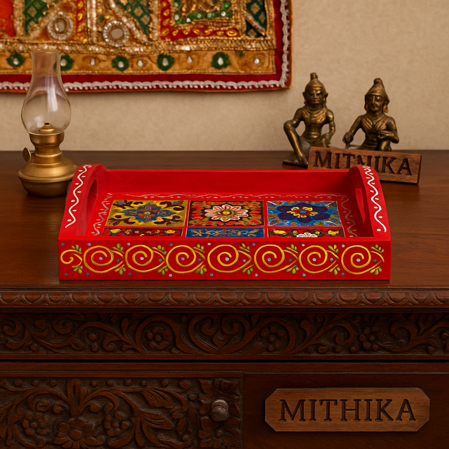 Hand-Painted Wooden Tile Tray - Moroccan Floral Elegance