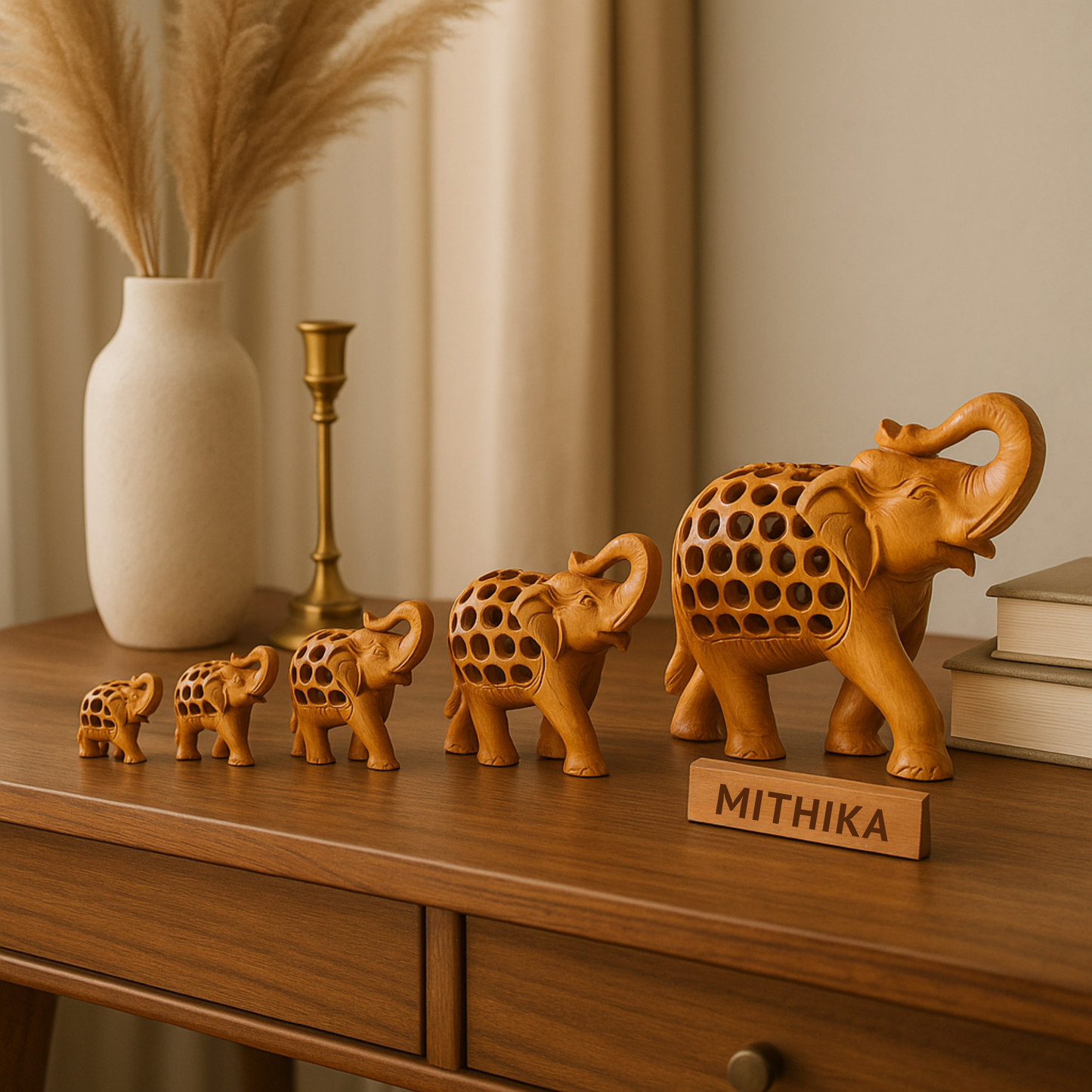 Handcrafted Wooden Elephant Family – Intricate Jali Work Décor