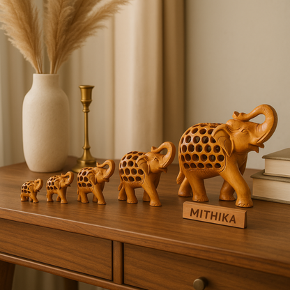 Handcrafted Wooden Elephant Family – Intricate Jali Work Décor