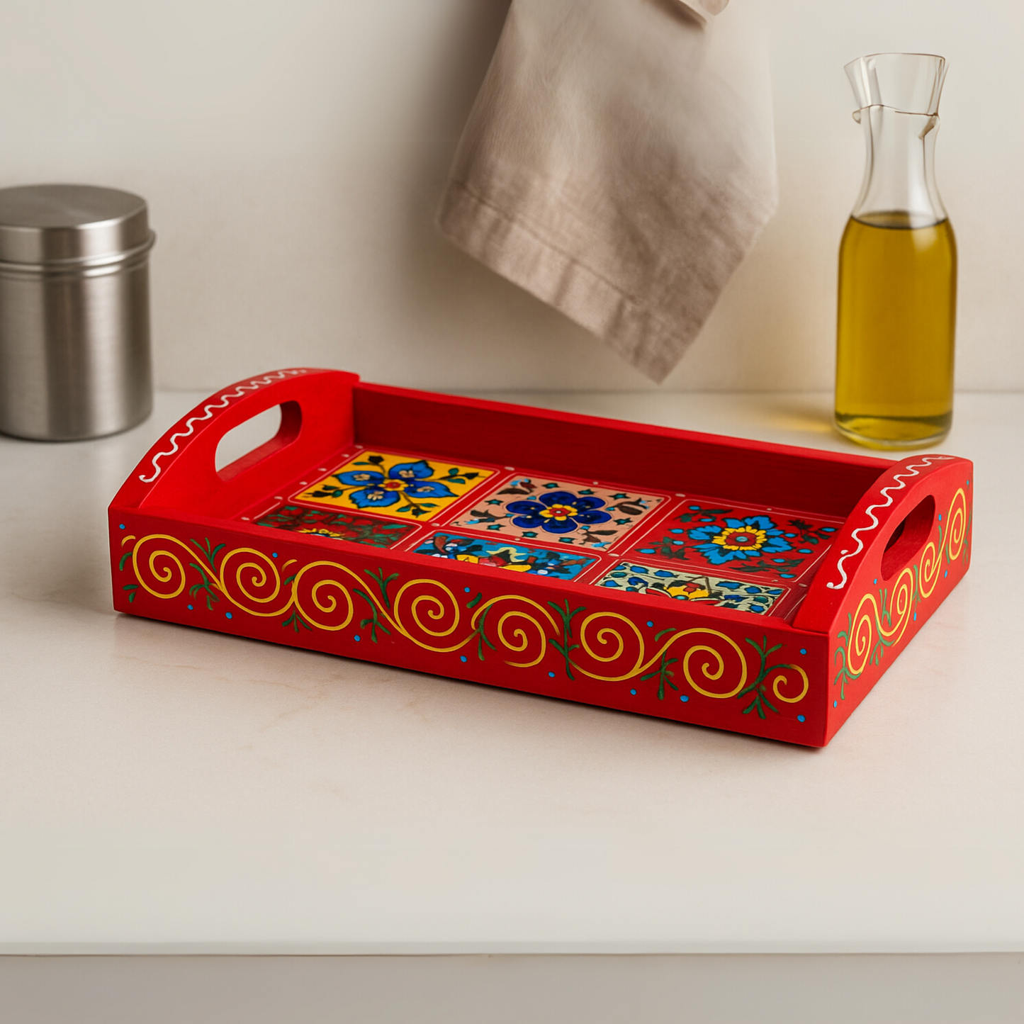Hand-Painted Wooden Tile Tray - Moroccan Floral Elegance