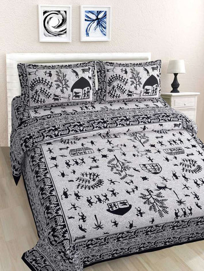 Tribal Charm in Monochrome – King Size Cotton Bedsheet Set