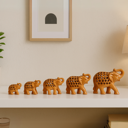 Handcrafted Wooden Elephant Family – Intricate Jali Work Décor