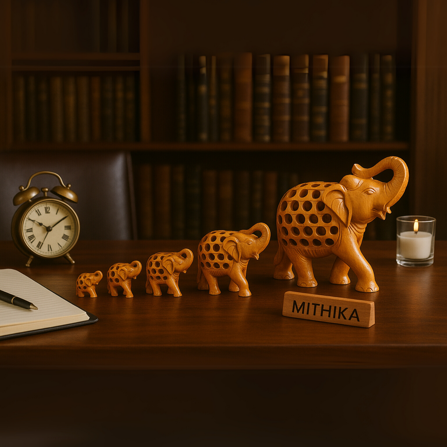 Handcrafted Wooden Elephant Family – Intricate Jali Work Décor
