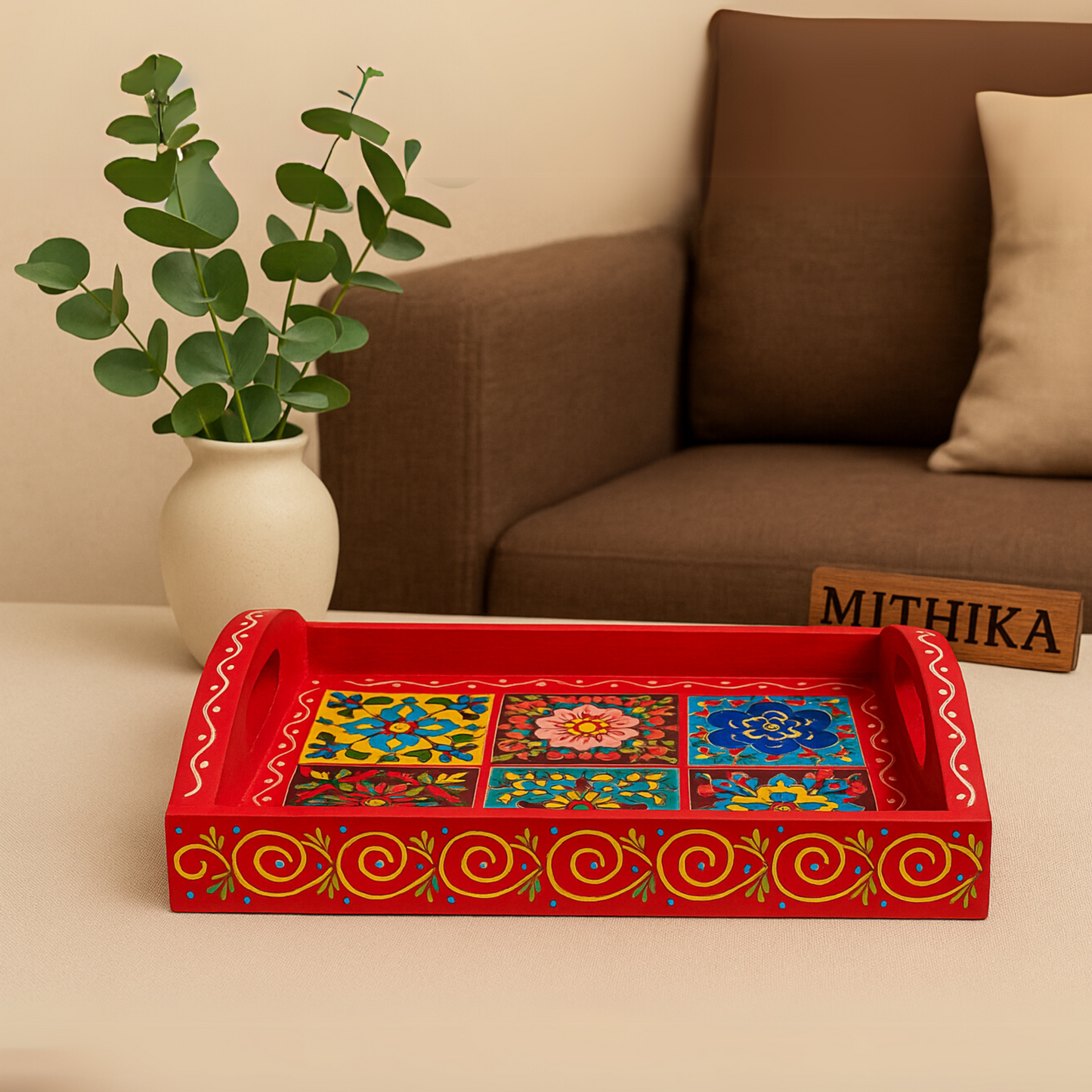Hand-Painted Wooden Tile Tray - Moroccan Floral Elegance