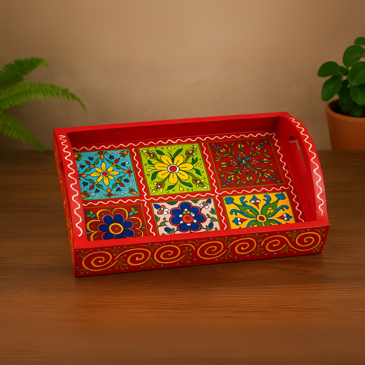 Hand-Painted Wooden Tile Tray - Moroccan Floral Elegance
