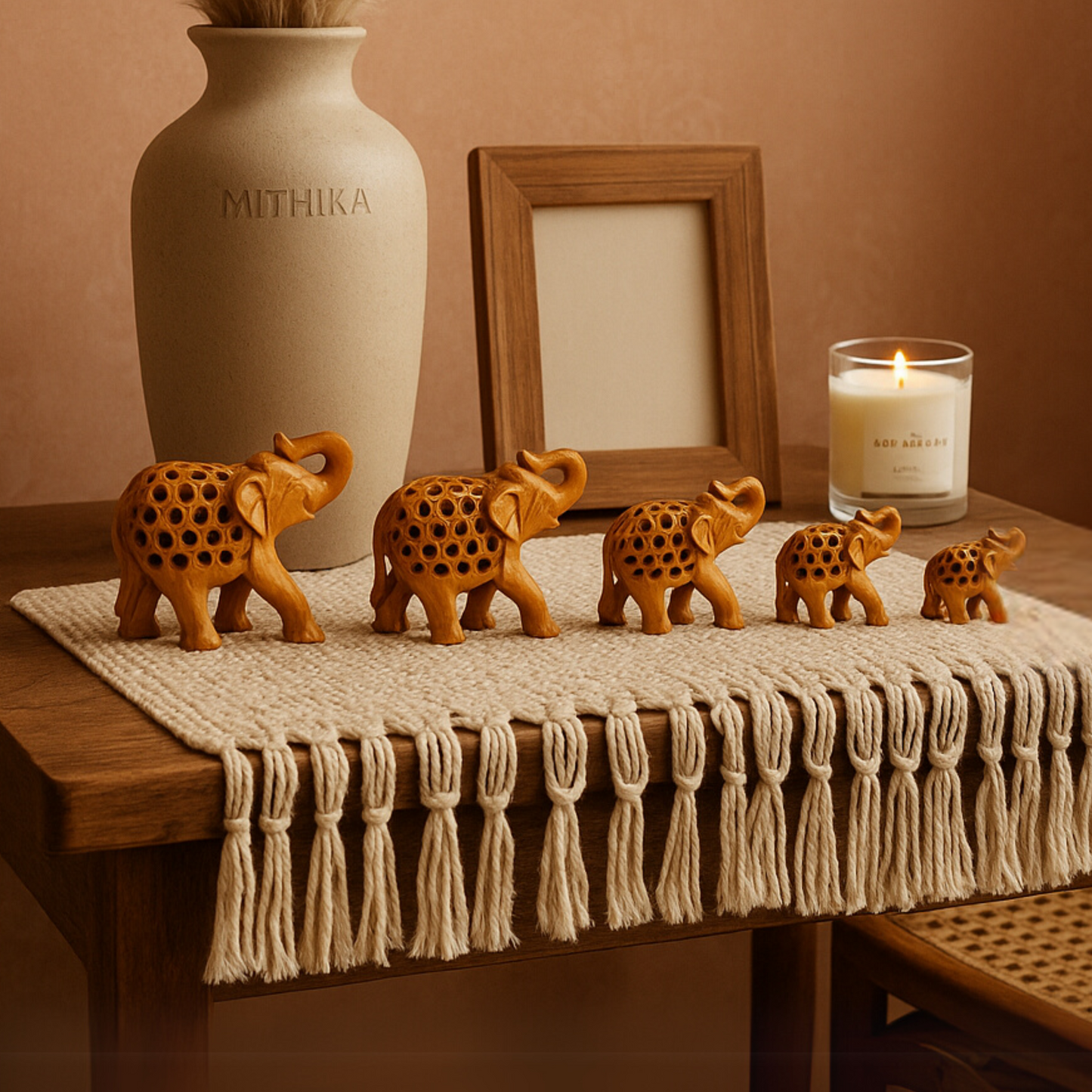 Handcrafted Wooden Elephant Family – Intricate Jali Work Décor