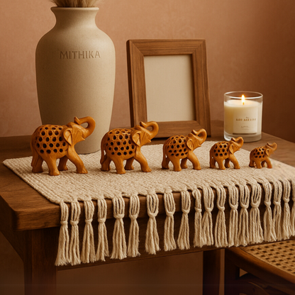 Handcrafted Wooden Elephant Family – Intricate Jali Work Décor