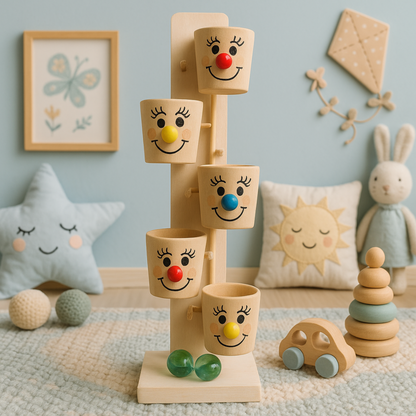 Wooden Marble Run Tower with Smiley Face Buckets