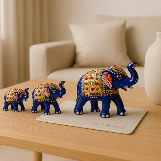 Royal Blue Elephant Trio – Hand-Painted Rajasthani Décor Set