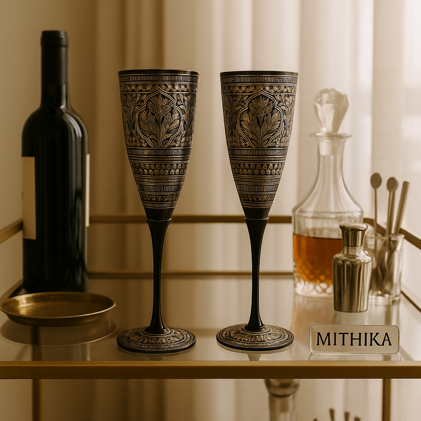 Antique Engraved Goblet Set – Pair of Royal Etched Metal Chalices