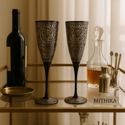 Antique Engraved Goblet Set – Pair of Royal Etched Metal Chalices
