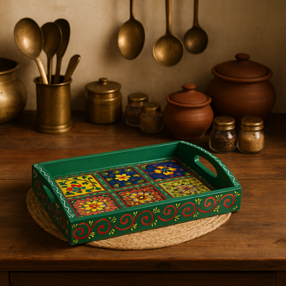 Hand-Painted Wooden Tile Tray - Moroccan Floral Elegance