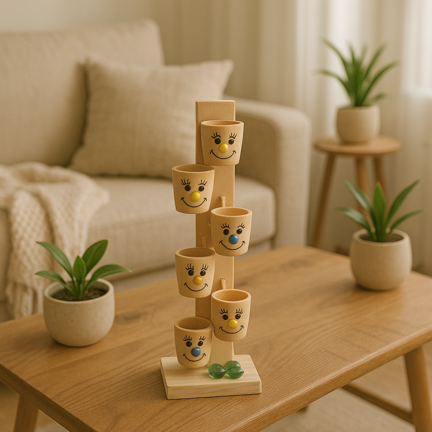 Wooden Marble Run Tower with Smiley Face Buckets