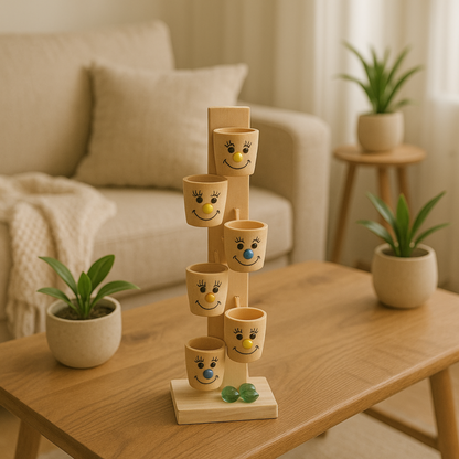 Wooden Marble Run Tower with Smiley Face Buckets
