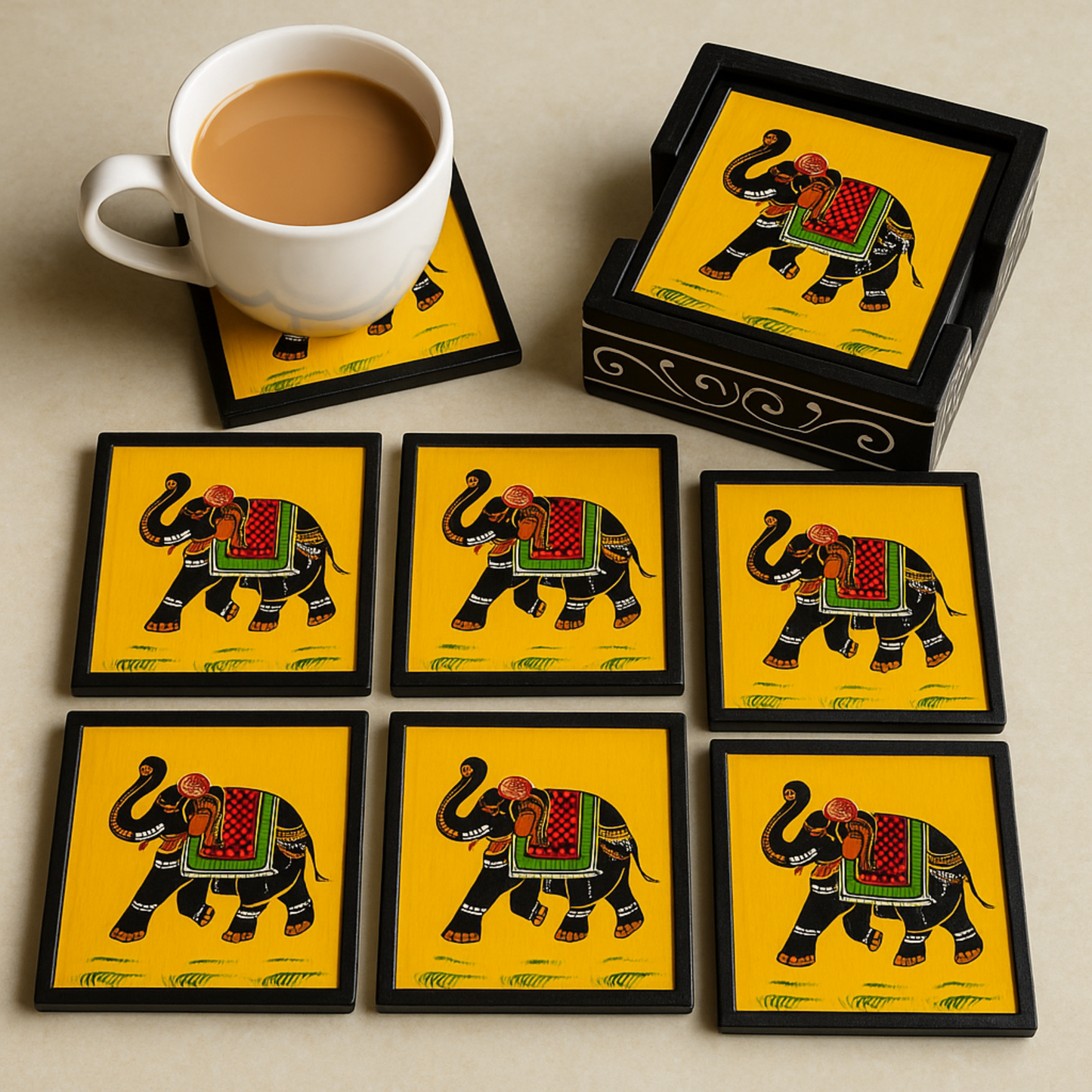 Royal Elephant Coaster Set (6 Pieces) with Wooden Holder