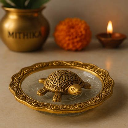 Decorative Turtle on Ornate Glass Plate – Auspicious Home Accent