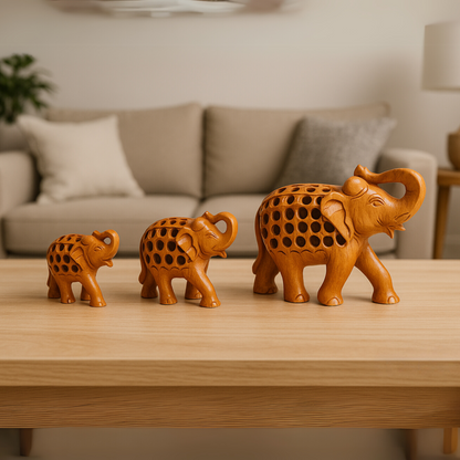 Handcrafted Wooden Elephant Family – Intricate Jali Work Décor