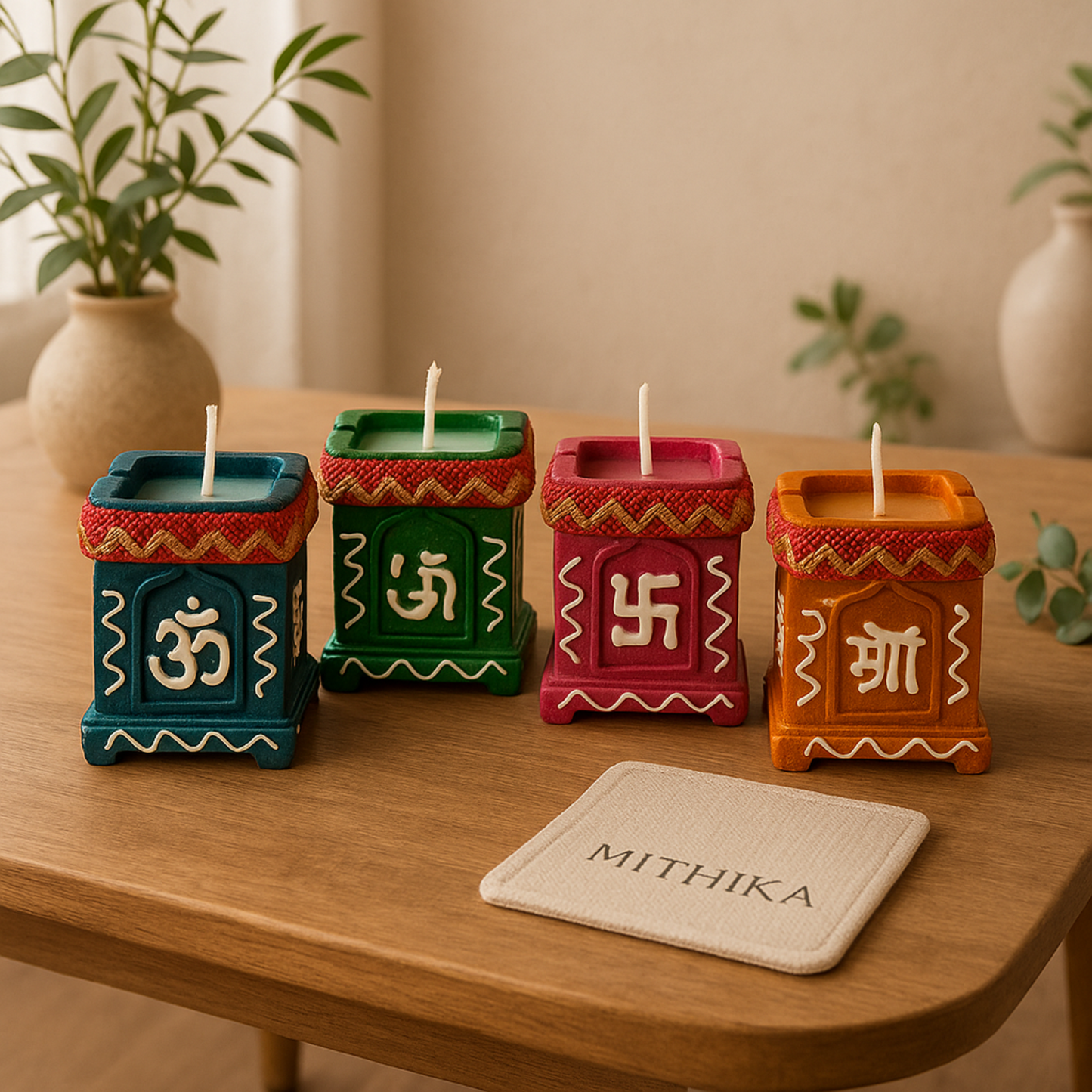 Hand-Painted Tulsi Candle Set – Spiritual Harmony Collection