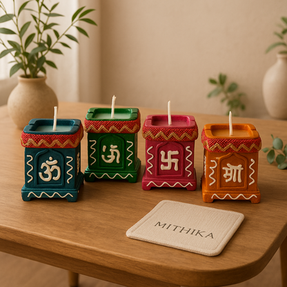 Hand-Painted Tulsi Candle Set – Spiritual Harmony Collection