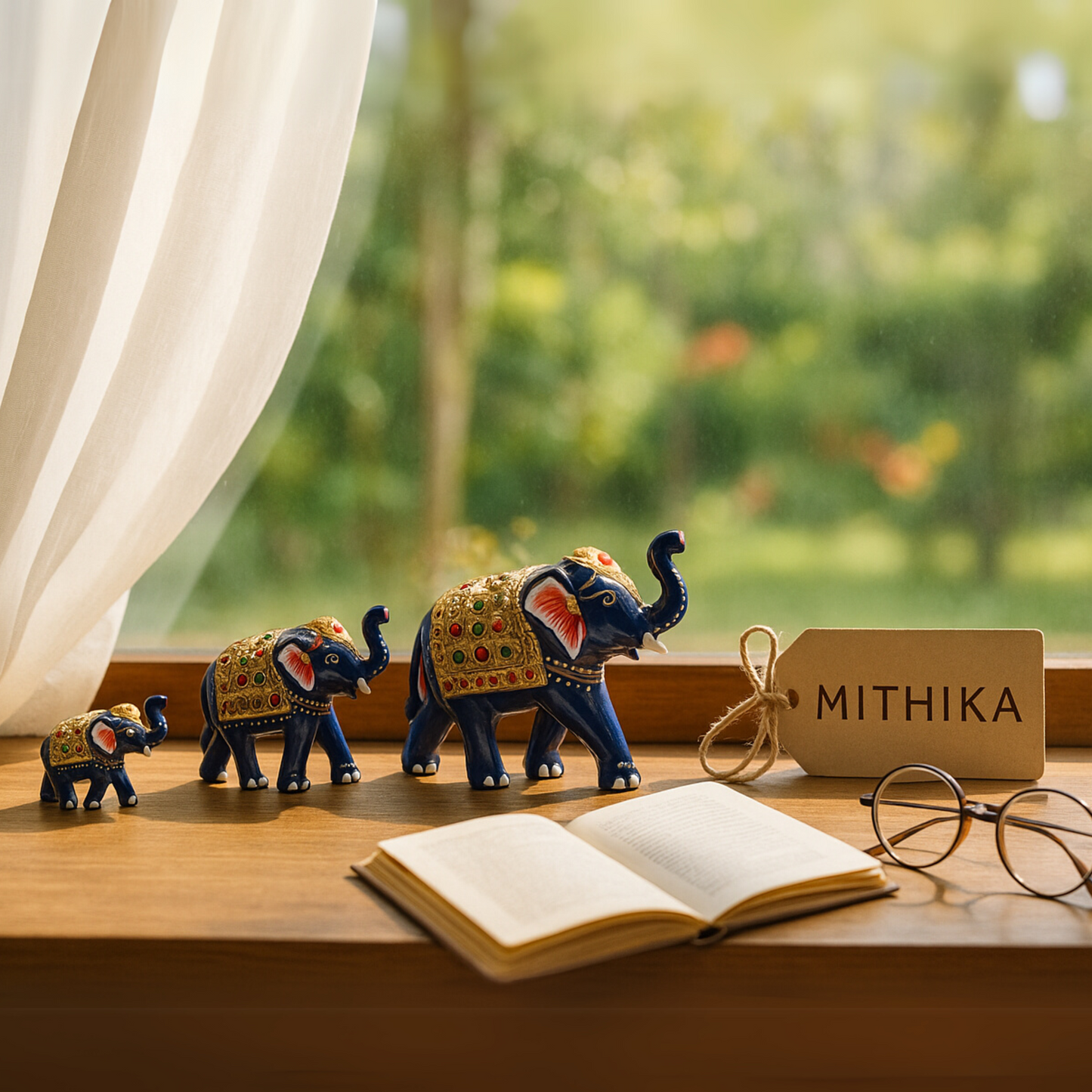 Royal Blue Elephant Trio – Hand-Painted Rajasthani Décor Set