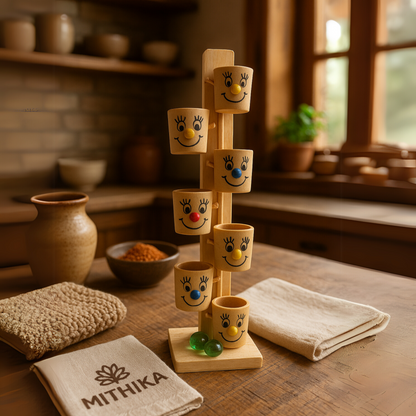 Wooden Marble Run Tower with Smiley Face Buckets