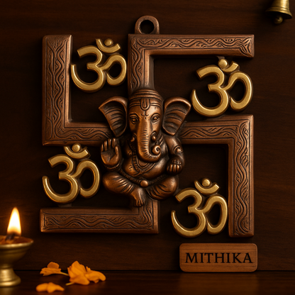 Swastik Ganesh Wall Décor – Royal Brass Elegance with Om Accents