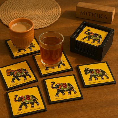 Royal Elephant Coaster Set (6 Pieces) with Wooden Holder
