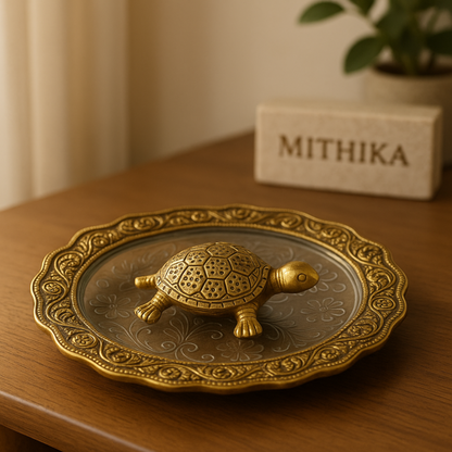 Decorative Turtle on Ornate Glass Plate – Auspicious Home Accent