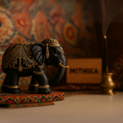 Regal Elephant Duo – Black & Gold Handcrafted Showpiece Set